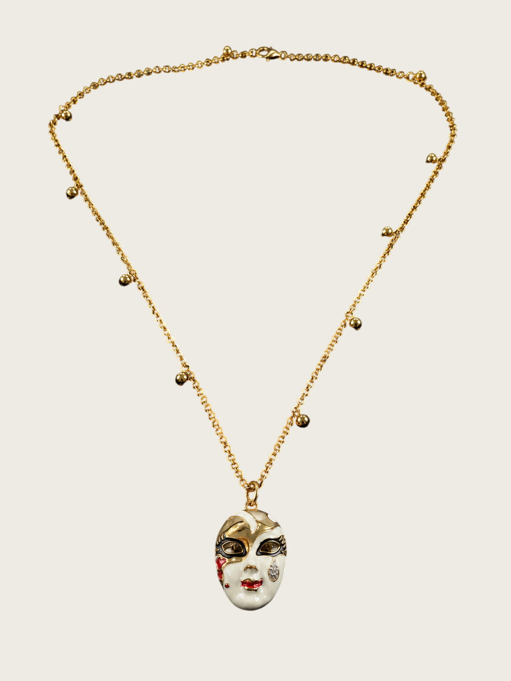 Vintage Gold Tone Venetian Masquerade Mask Pendant Necklace Enamel Rhinestone 31