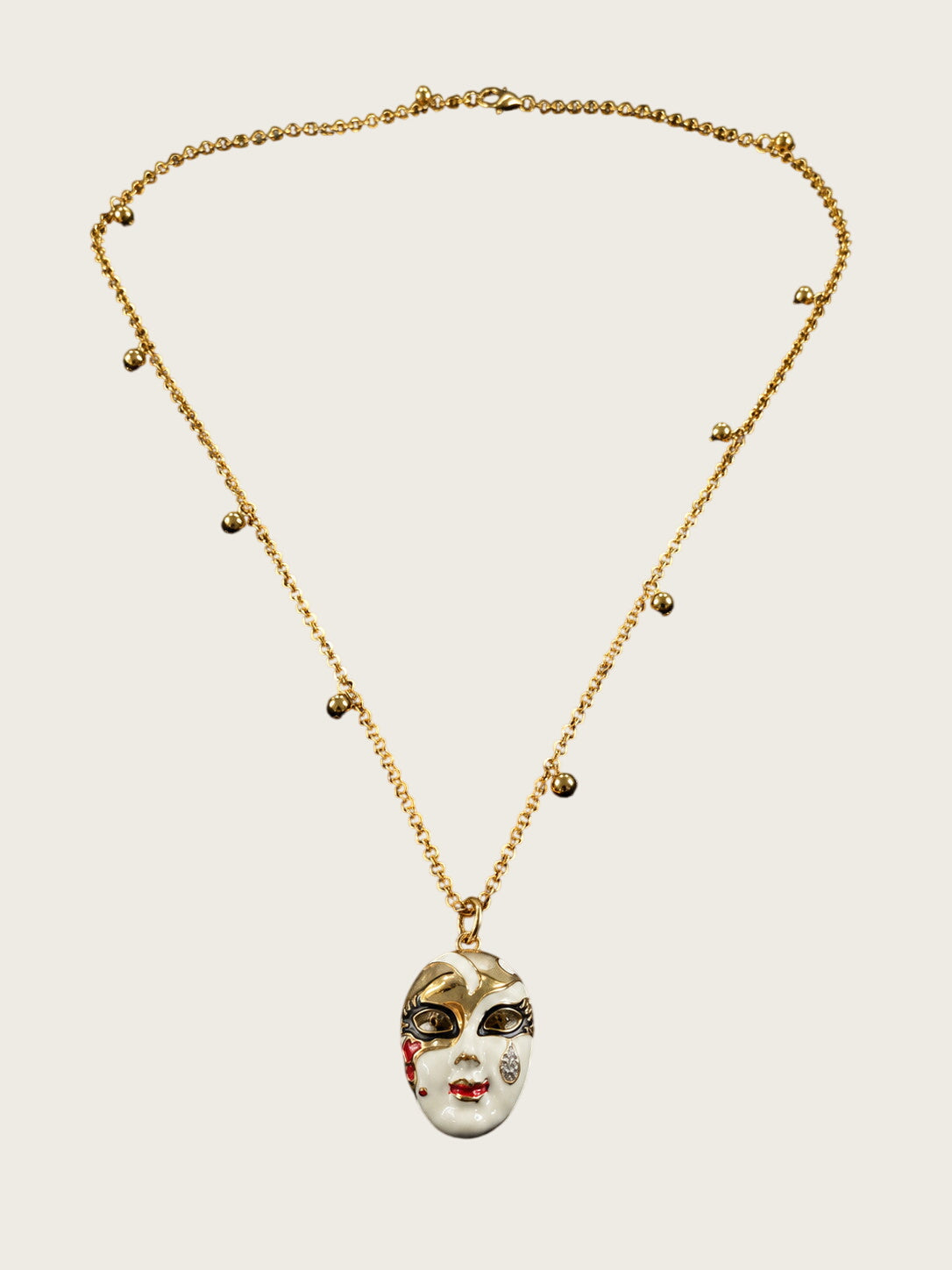 Vintage Gold Tone Venetian Masquerade Mask Pendant Necklace Enamel Rhinestone 31