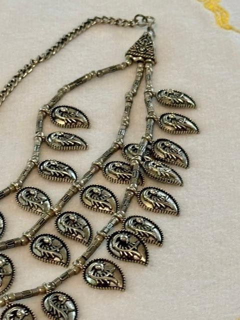 Oxidized Silver Tone Multi Strand Paisley Leaf Bib Necklace 23 Inch Boho