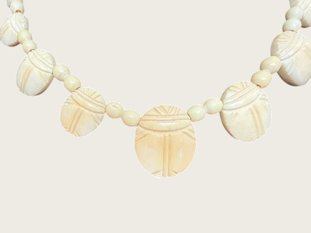 Vintage 1970s Carved Scarab Choker Necklace Egyptian Revival 15in