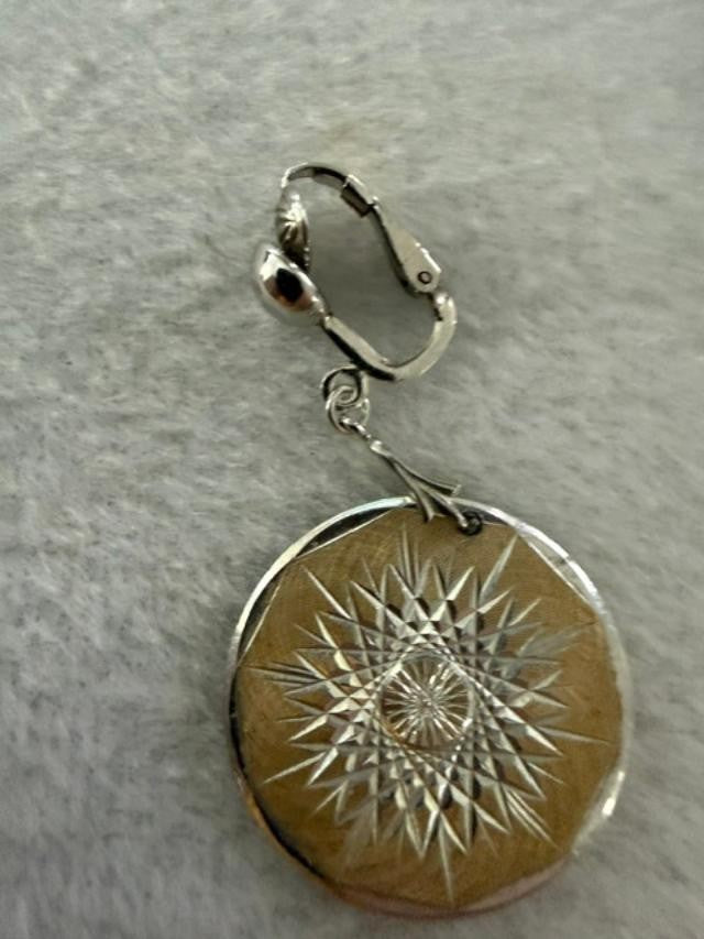Vintage Silver Tone Sunburst Disc Pendant Necklace & Clip Earring