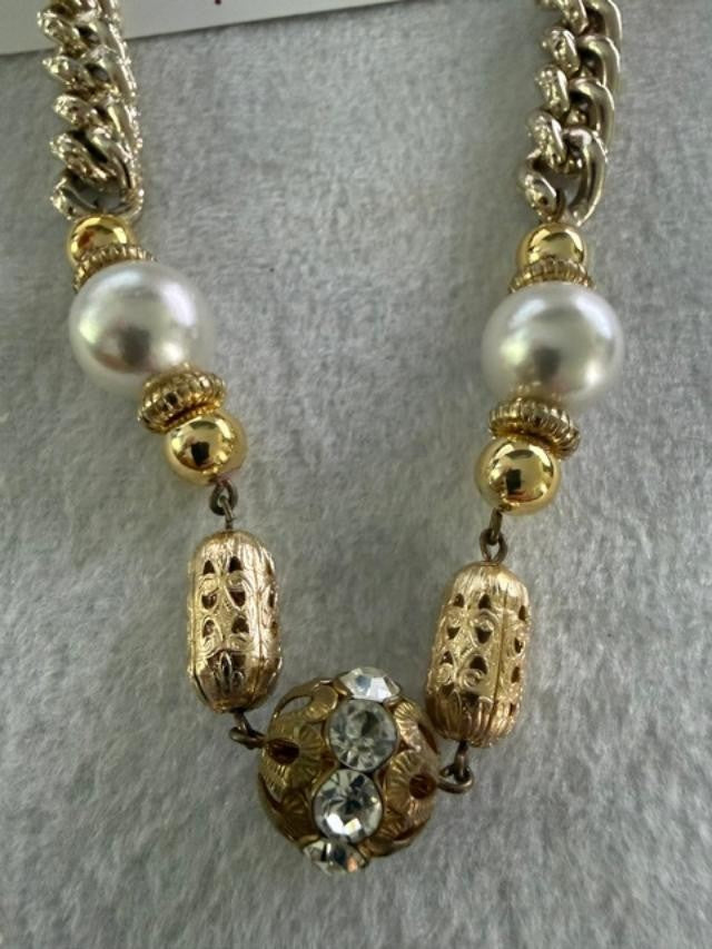 Vintage Gold Tone Curb Chain Necklace Faux Pearl Rhinestone Accent 18"