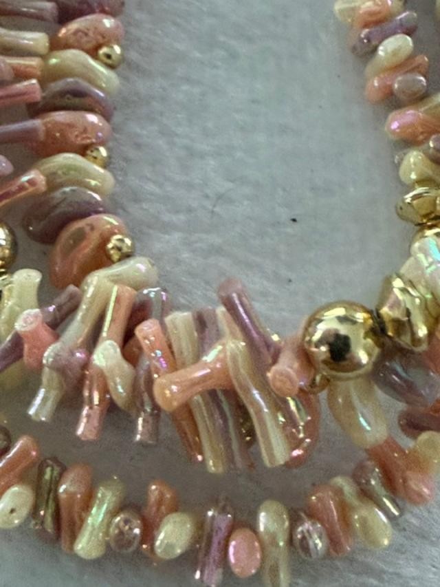 Vintage 27" Pink AB Shell Chip 3 Strand Statement Necklace Gold Tone Boho