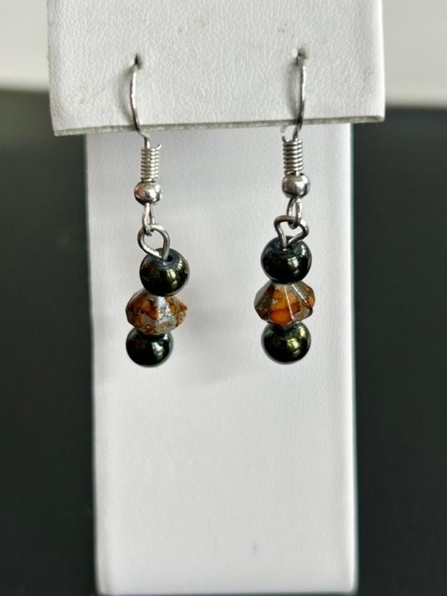 Black & Amber Faceted Bead Dangle Earrings Silver-Tone Fishhook