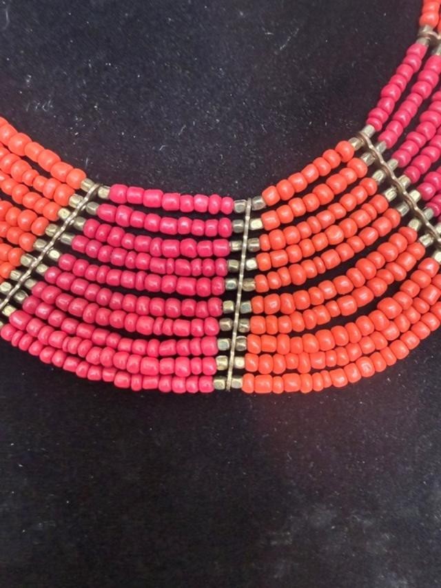 Original Vintage African Ethnic Necklace - Orange - Metal - Maroon - Bohemian