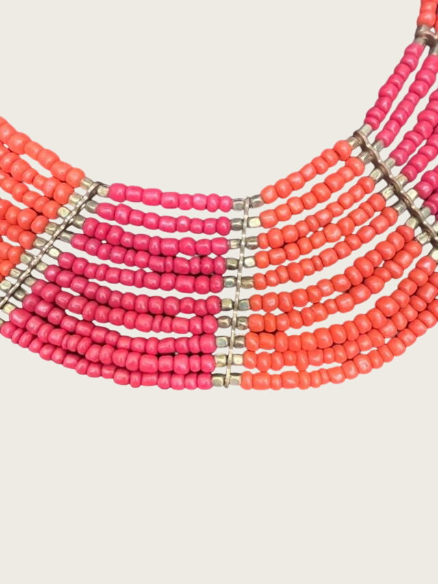 Original Vintage African Ethnic Necklace - Orange - Metal - Maroon - Bohemian