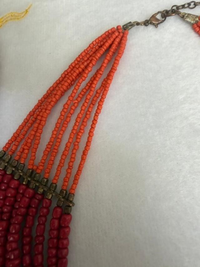 Original Vintage African Ethnic Necklace - Orange - Metal - Maroon - Bohemian