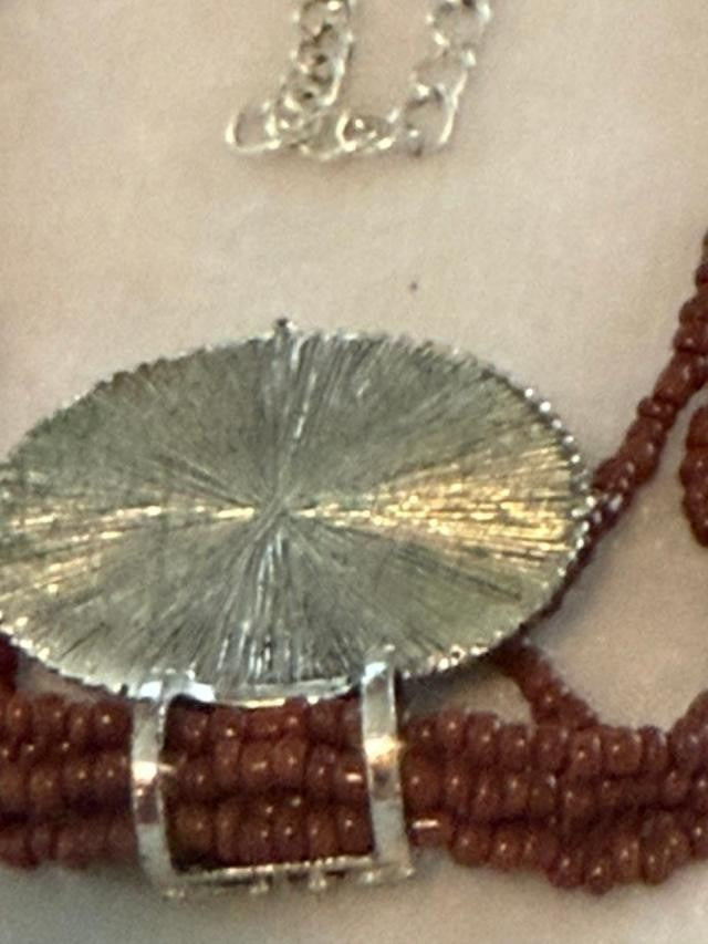 Vintage Brown Seed Bead Multi Strand Glass Cabochon Pendant Necklace 17"