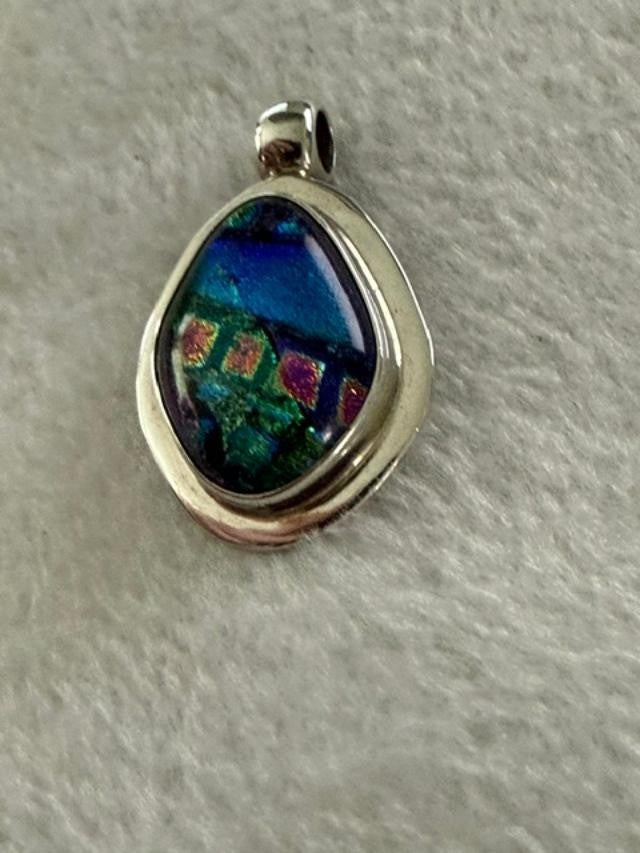 Mexico 925 Sterling Silver Dichroic Glass Pendant Blue Green Teardrop 1.25"