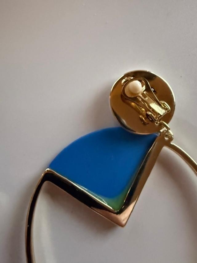 Color Block Enamel Clip-On Earrings Gold Tone Blue Green Mismatched 2.25"