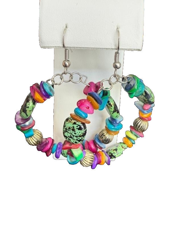 Multicolor Beaded Hoop Dangle Earrings Silver Tone Boho Pierced Statement
