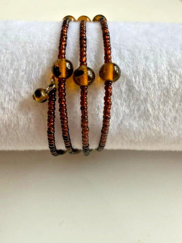 Brown Amber Glass Seed Bead Memory Wire Wrap Bracelet Boho