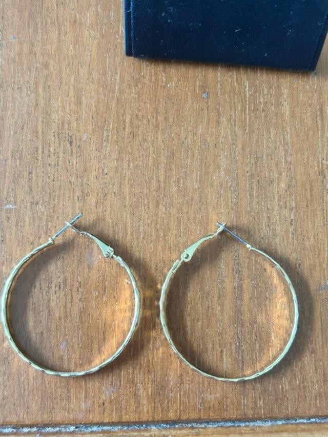 Large 1.5 Goldr-Tone Hammered Oval Hoop Earrings Hinged Closure