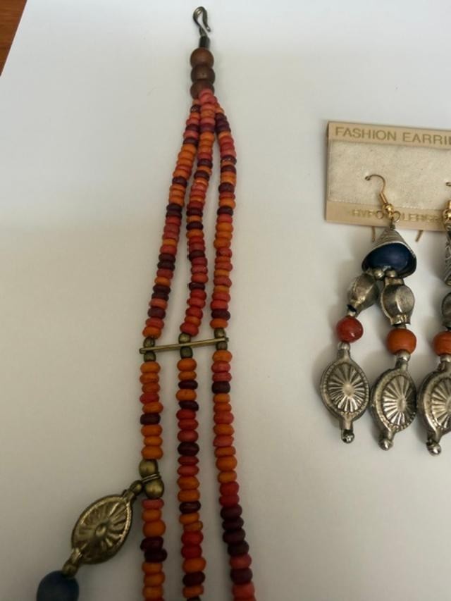 Boho Tribal Bead Necklace Earrings Set Orange Red Brass Tone Dangles