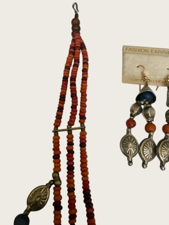 Boho Tribal Bead Necklace Earrings Set Orange Red Brass Tone Dangles