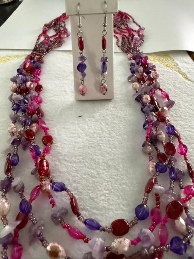 Multi Strand Boho Beaded Necklace Matching Earrings Purple Pink Set 30 inch