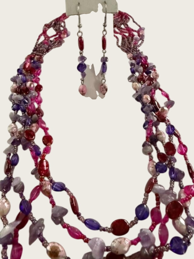 Multi Strand Boho Beaded Necklace Matching Earrings Purple Pink Set 30 inch