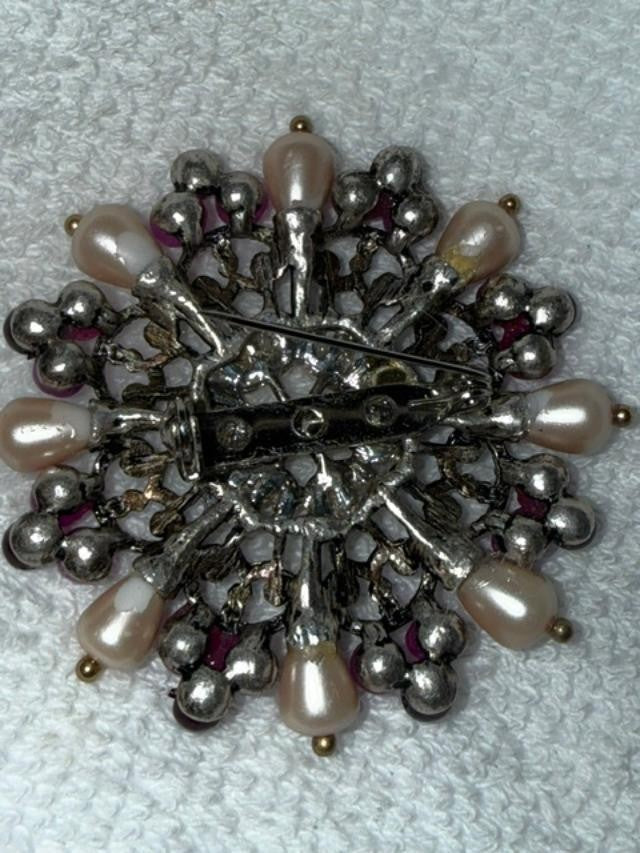 OOAK Upcycled Statement Brooch Faux Pearl Purple Bead Rhinestone Filigree Pin 2"