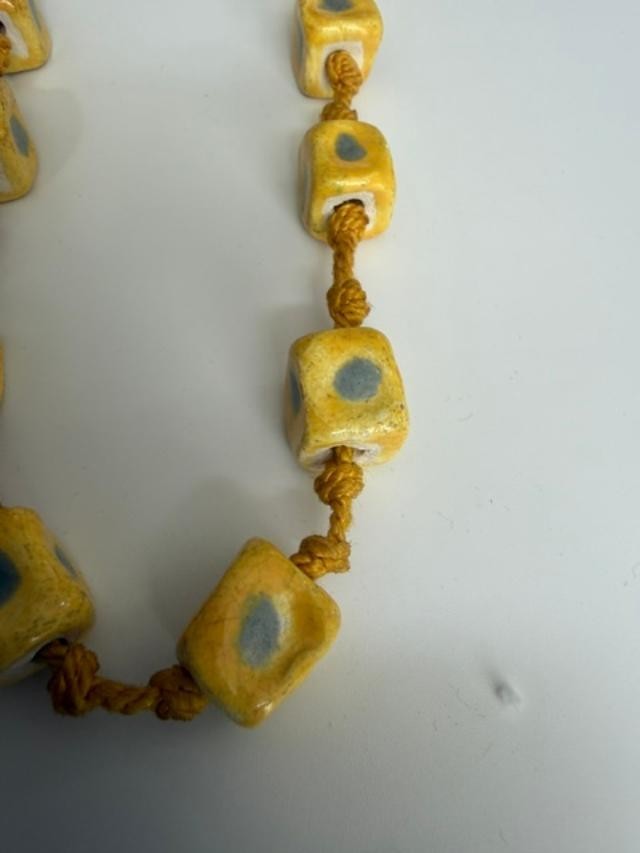 Vintage Yellow Ceramic Bead Necklace Knotted Cord Boho Pottery Jewelry