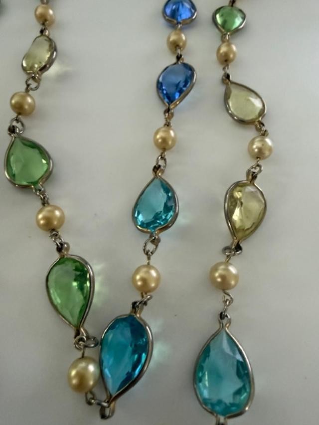Long Multicolor Teardrop Glass Faux Pearl Station Necklace 54"