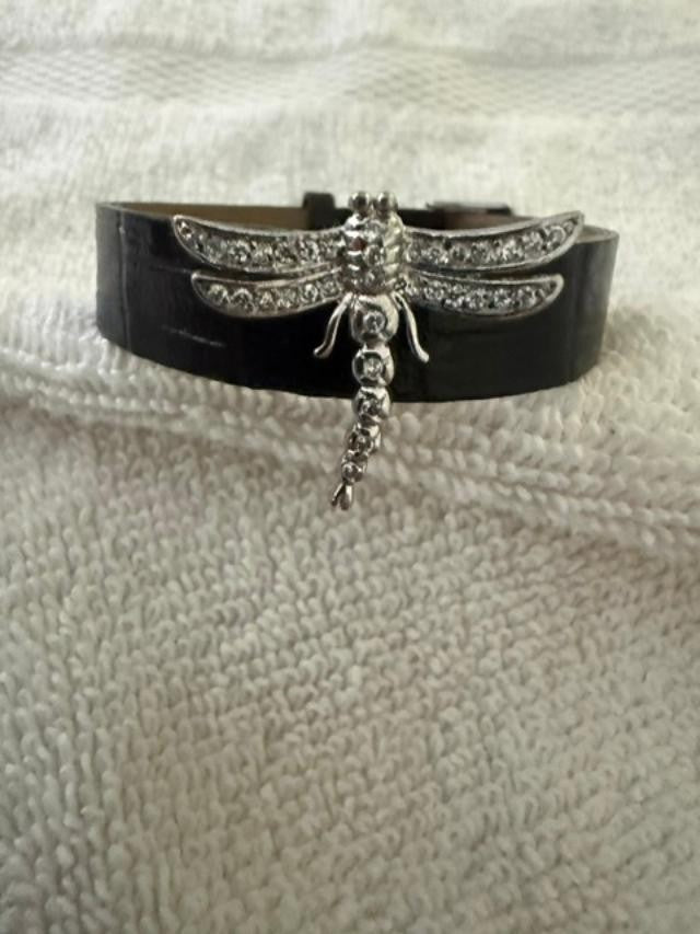 Black leather Band with Sterling Silver Dragonfly Bracelet
