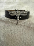 Black leather Band with Sterling Silver Dragonfly Bracelet