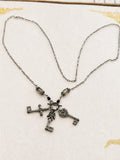 Silver Tone Skeleton Key Charm Necklace Crystal Beads Toggle Clasp 15 Inch