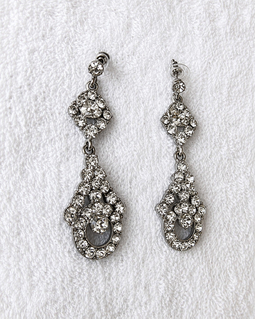 Clear Rhinestone Teardrop Dangle Earrings Silver Tone Pierced 2.25"