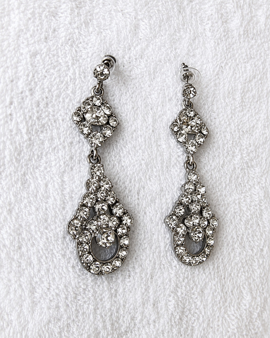 Clear Rhinestone Teardrop Dangle Earrings Silver Tone Pierced 2.25"