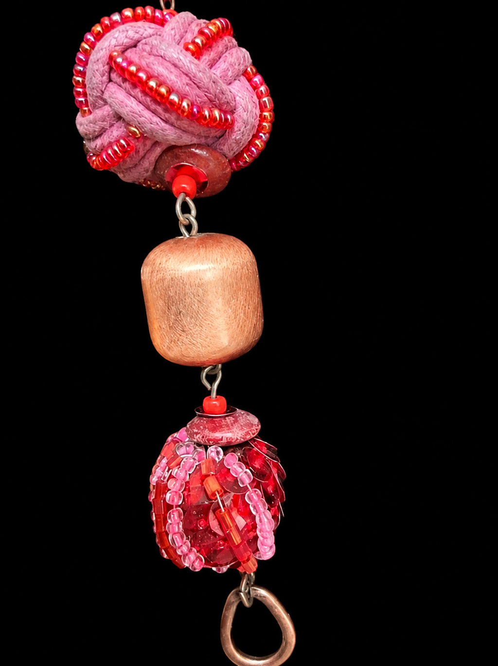 36" Boho Pink Woven Textile Bead Necklace & Earring Set Copper Tone Artisan Sty