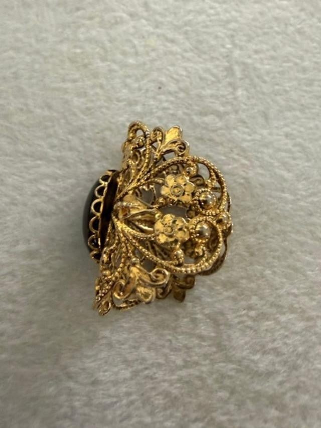 Victorian Revival Gold Tone Filigree Black Oval Cabochon Adjustable Ring