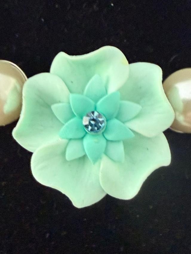 Signed Tiara Misu Aqua Floral Faux Pearl Statement Necklace Rhinestone 16"