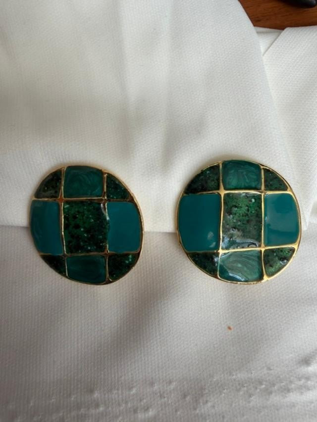 Vintage Clip-On Earrings : Deep teal green, turquoise & Gold Circle:  1.5”Diam.