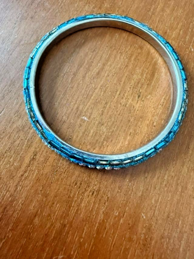 Blue Baguette Clear Rhinestone Glitter Bangle Bracelet Silver Tone