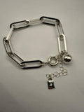 Silver Tone Chunky Paperclip Link Charm Bracelet Ball Rhinestone Tag Dangle Mode
