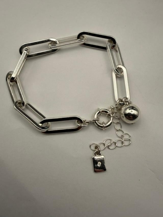 Silver Tone Chunky Paperclip Link Charm Bracelet Ball Rhinestone Tag Dangle Mode