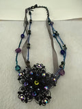 Lane Bryant Black Filigree Flower Statement Necklace AB Rhinestones 21" 2" Penda