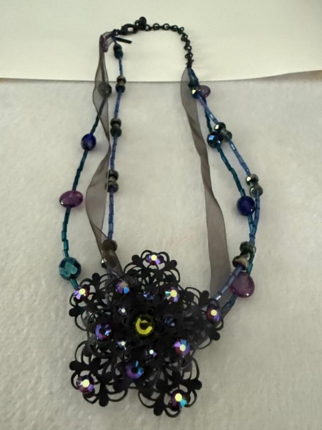 Lane Bryant Black Filigree Flower Statement Necklace AB Rhinestones 21" 2" Penda