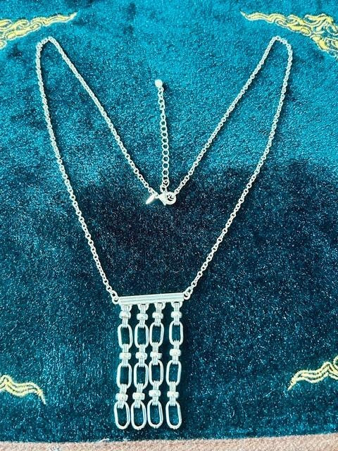 Signed Avon Silver Tone Geometric Rhinestone Fringe Necklace 31"
