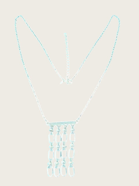 Signed Avon Silver Tone Geometric Rhinestone Fringe Necklace 31"