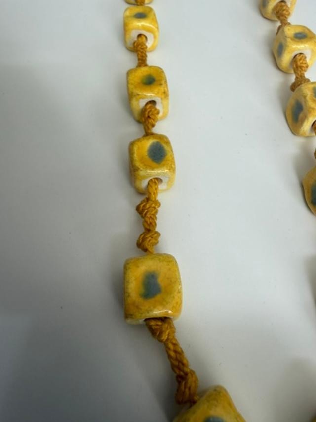 Vintage Yellow Ceramic Bead Necklace Knotted Cord Boho Pottery Jewelry