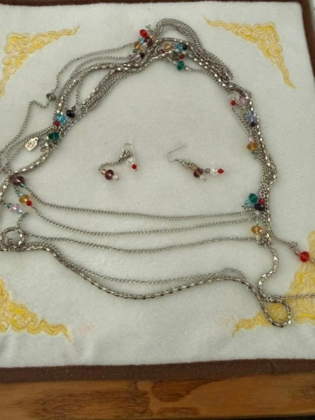 You & I Multi Strand Silver Tone Crystal Bead Necklace Earrings Set 35"