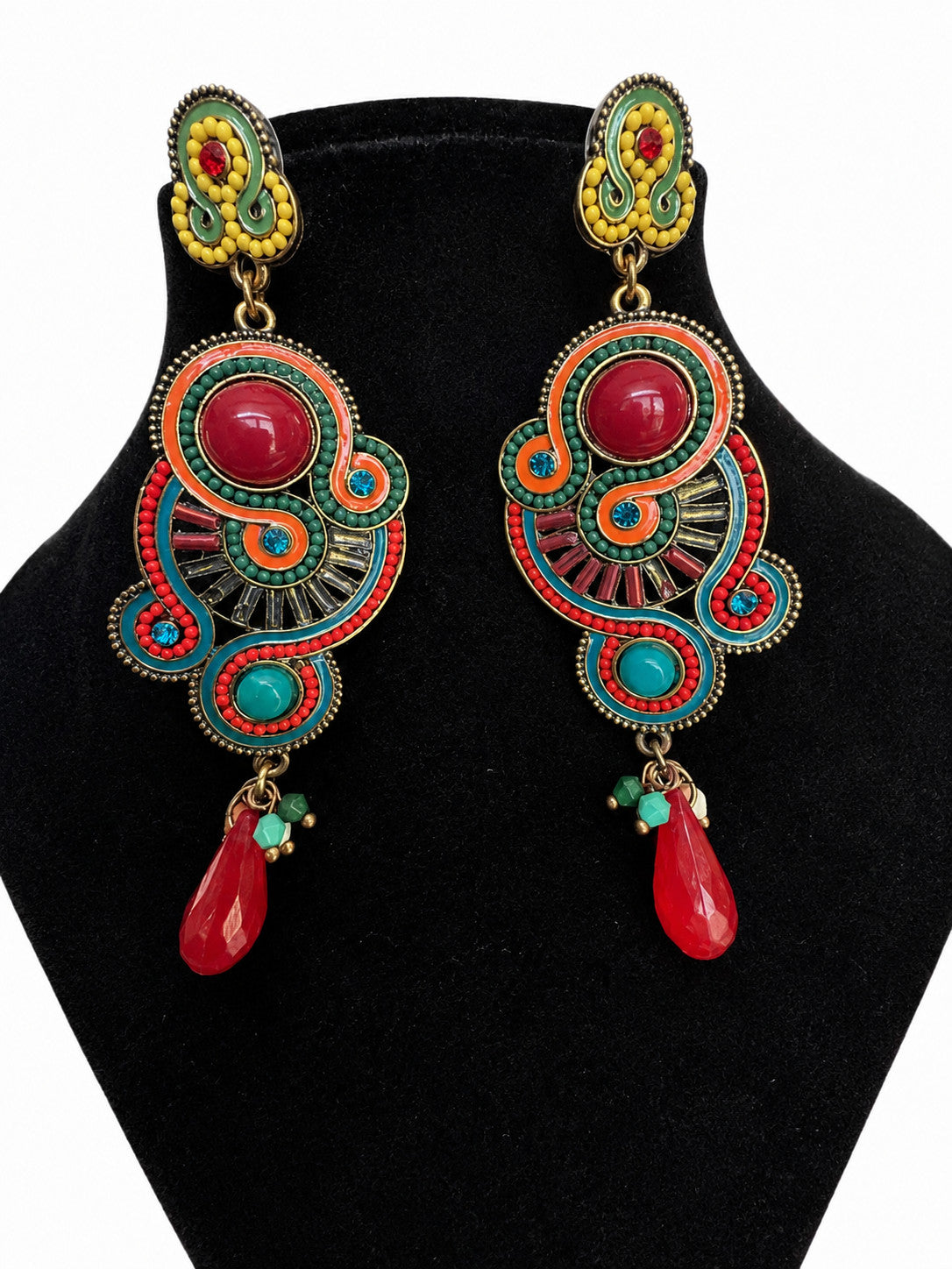 Large Boho Paisley Chandelier Earrings Red Turquoise Gold Tone Statement 4 Inch