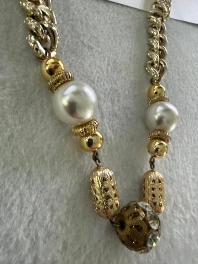 Vintage Gold Tone Curb Chain Necklace Faux Pearl Rhinestone Accent 18"