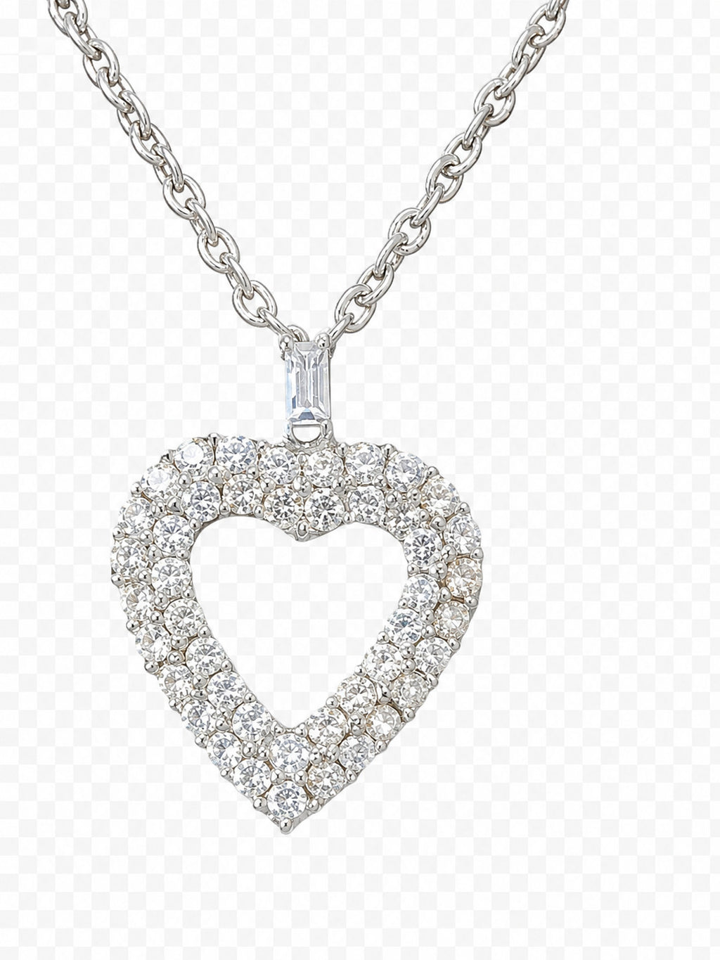 Romantic Clear Rhinestone Floating Open Heart Pendant Silver Tone Chain Necklace