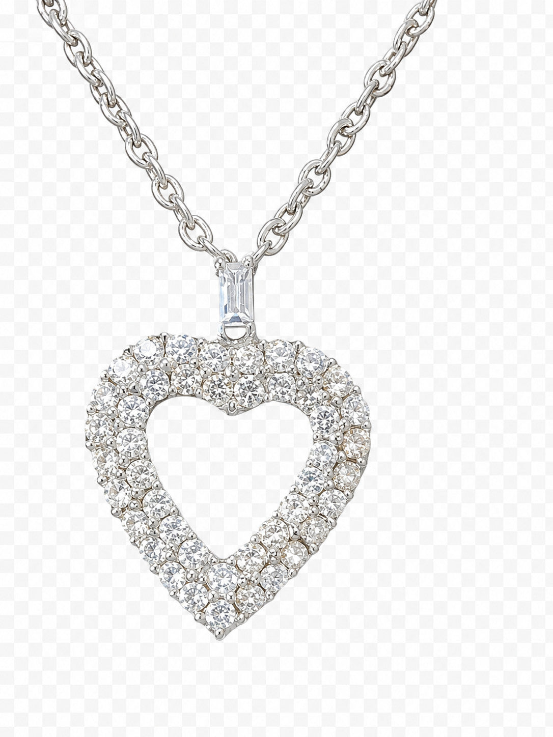 Romantic Clear Rhinestone Floating Open Heart Pendant Silver Tone Chain Necklace
