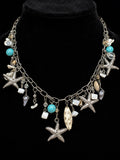 Boho Beach Charm Necklace Silver Tone Starfish Shell Faux Turquoise Coastal Stat
