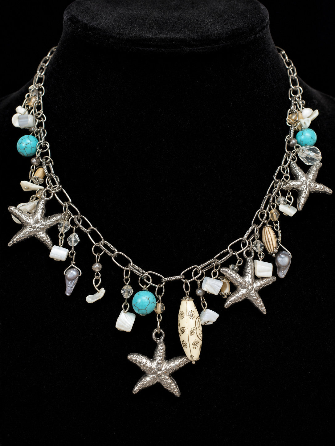 Boho Beach Charm Necklace Silver Tone Starfish Shell Faux Turquoise Coastal Stat