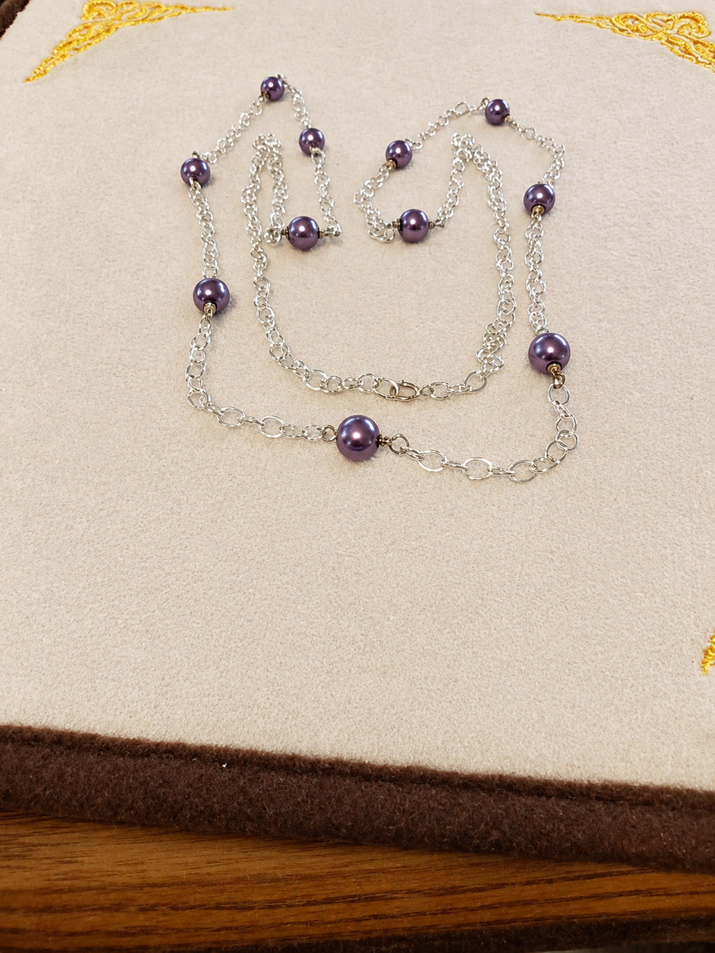 Long Silver Tone Purple Faux Pearl Station Necklace 40 Inch