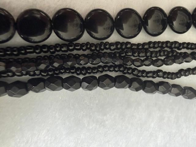 Black multi-strand beaded necklace bracelet earrings set 15" 7"